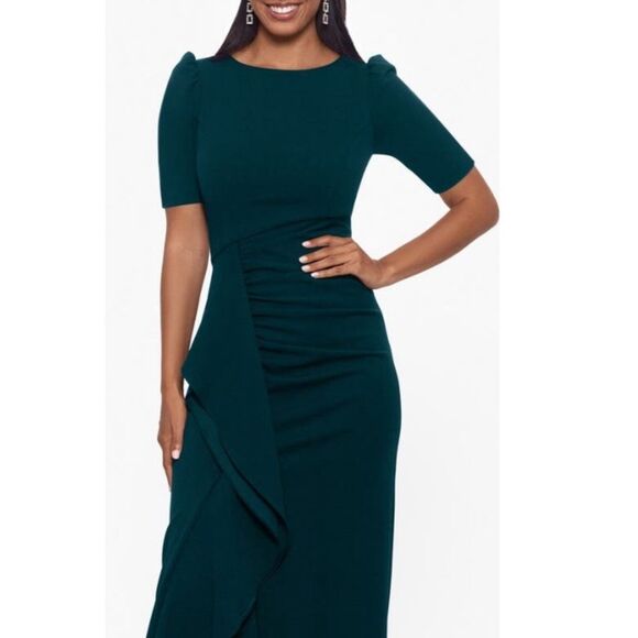 XSCAPE Scuba Crepe Ruffle Gown in Pine Green, NWT, Size 10 - Picture 1 of 5